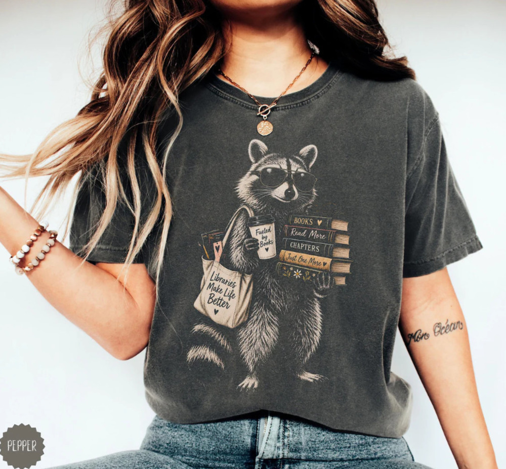 Book Lover Raccoon T-Shirt, Librarian Raccoon Tee, Bookworm Graphic Tee